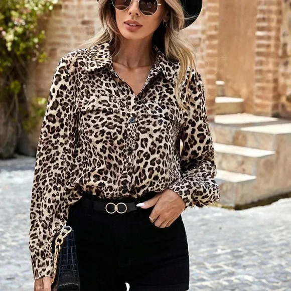 Multicolor Preppy Womens  Leopard Print Flap Detail Button Front Shirt - Picture 1 of 5